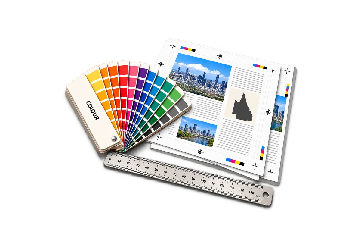 Graphic design and print materials featuring Brisbane and a Queensland map